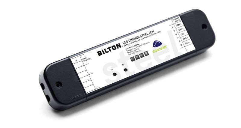 BILTON EnOcean Dimmer für LED Module1-4 Kanäle mit einer Ausgangsleistung von 50W pro Kanal bei 24V DC Versorgungsspannung bzw. 0-200W bei 24V DC.Das Gerät hat die Schutzart IP20, k