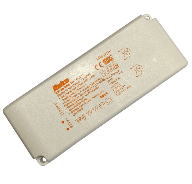 ICE 60 PFS TH, FLAT Ausführung, Relco Sicherheits Trafo 230V auf 12V AC, MM, F Zeichen Leistung: 10-60W 2x12V und 1x 230V Anschlußklemmen Abmessungen: 140x54x17mm (LxBxH) 