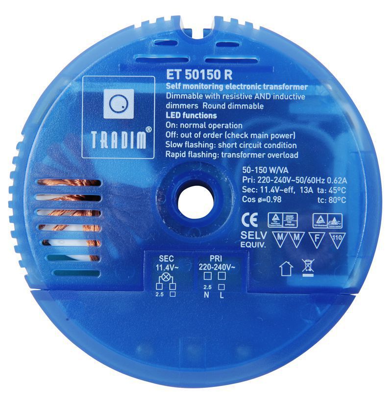LED/Halogen Transformator 50-150W 12V AC, mit Mittelloch Ø10,8mm Blau