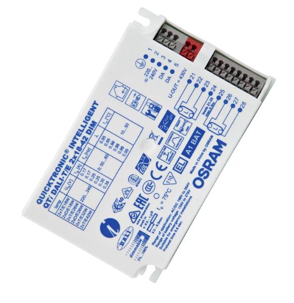 QTi DALI-T/E 2X18…42 DIM DALI oder Taster dimmbares EVG für 2x18 bis 42W Kompaktleuchtstofflampen