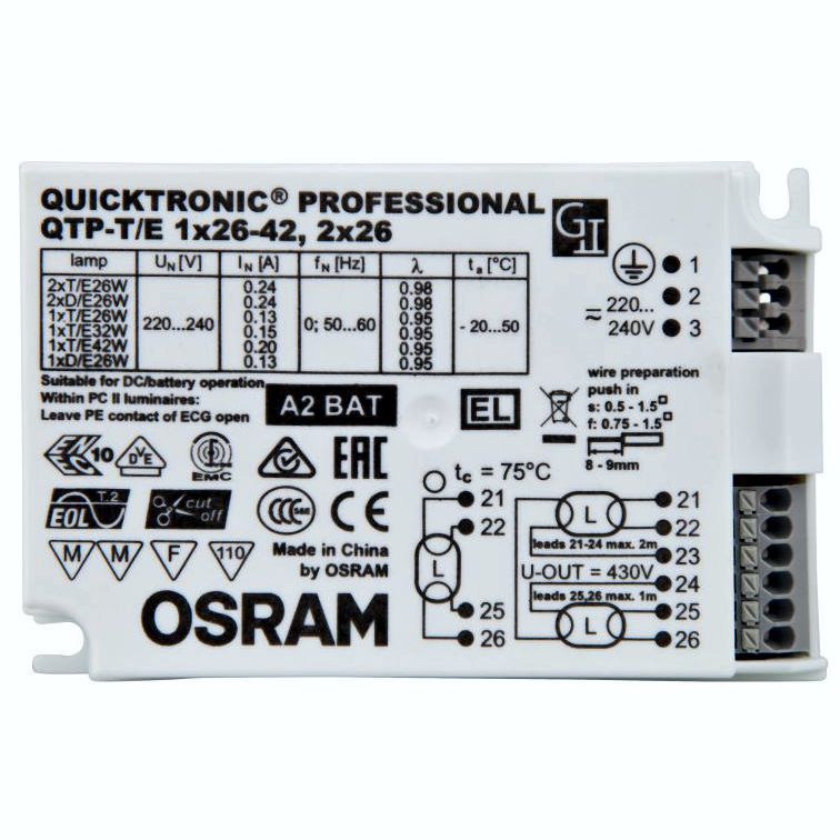 QTP-T/E 1X26…42, 2X26 QUICKTRONIC PROFESSIONAL M EVG für 1 oder 2 Lampen