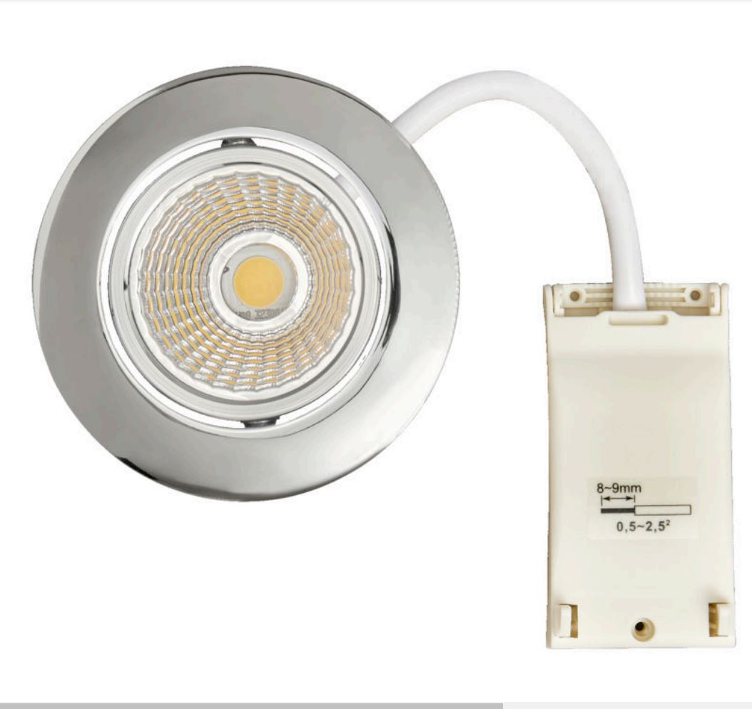 LED Einbauleuchte 068 ECO DOB chrom 6W 830 38° dim C Betriebsgerät integriert, Anschluss direkt an 230V, DIMMBAR über Phasenabschnitt! Anschl