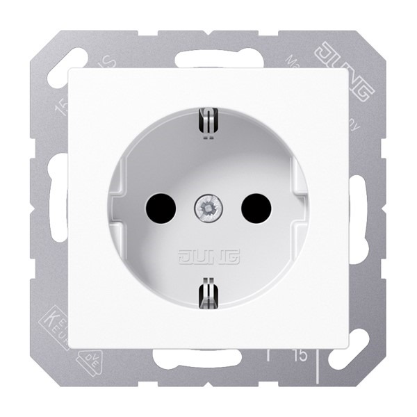 JUNG Steckdose Unterputz weiß IP20 mit Erdungsclips Abmessung: 55x55x30mm Nennspannung: 250V, 16A Steckdose CEE 7/3 (Typ F) RAL 9010 