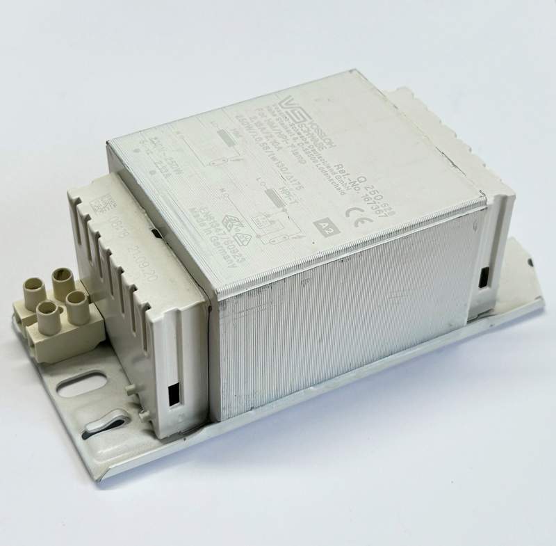 Q250.528 Vorschaltgerät für 250W Metalldampflampen (HI/HM) und 250W Quecksilberdampflampen LxBxH: 145x66x53mm Fabrikat Vossloh Schwabe Geeignet zum Betrieb von HI-Lampen mit 1 kV Zündspann