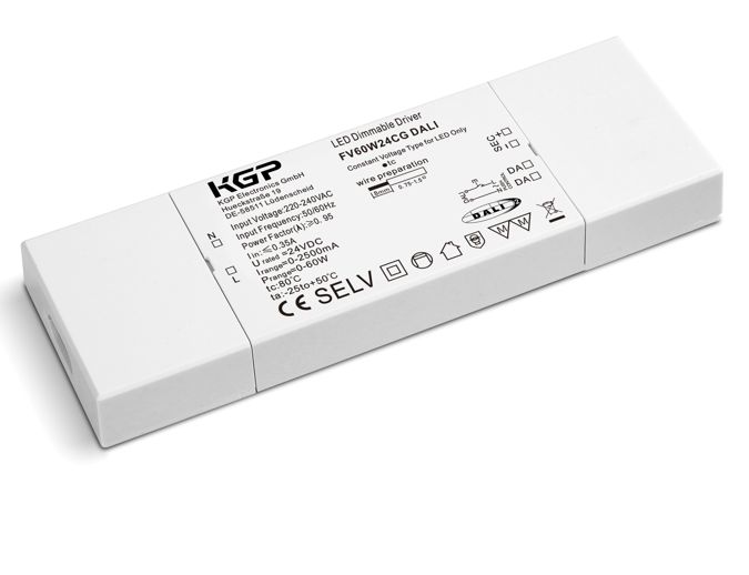 FV 60W 24 CG DALI 2 LED Konstantspannungstreiber Compact FLACH „dimmbar DALI 2 + Push“ 24V DC / 0 - 60 Watt Dimmbar DALI 2 oder mit Taster (Push) Dimmbereich typisch zwischen 1-100% (abhängig
