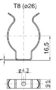 Metallhalteclip für T8 Leuchtstoffröhren (26mm); zum Anschrauben, ohne Schrauben