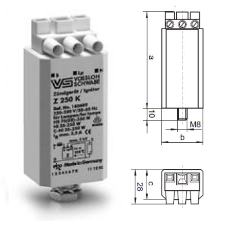 Z70K Zündgerät / Ignitor elektronisches Überlagerungszündgerät 35W - 70W, Ui 1,8-2,3kV Zündspannung: 1,8kV - 2,3kV Kunststoffbecher Abmessung: 35x76mm, M8x10mm,  Vossloh-Schwabe