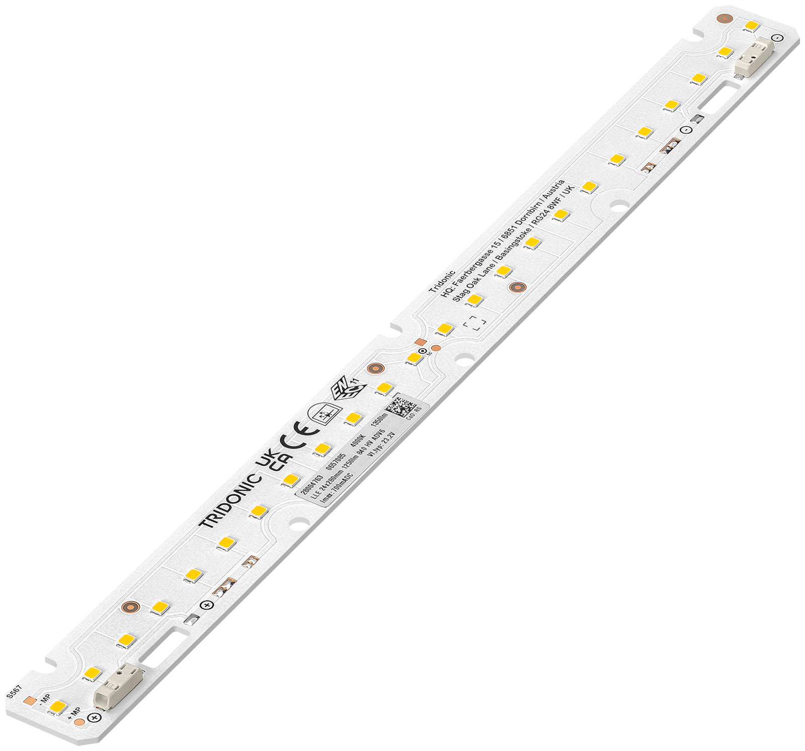LLE 24x280mm 1250lm 827 HV ADV6 LED Linear Modul Abmessung: 279x23,6x5,5mm Farbtemperatur: warmweiss / 2700K407lm - 2,0W - bei 100mA - 20,2V 1.1.144 - 6,1W - 275mA - 20,9V 2.6
