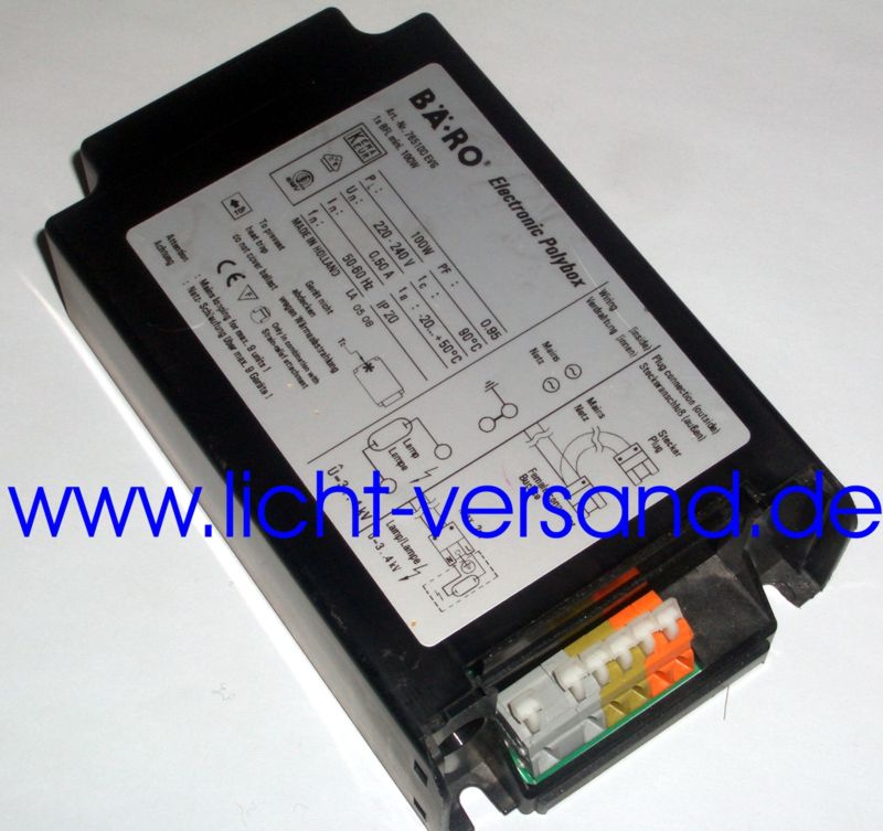 Bäro Polybox 100 elektronisches Vorschaltgerät 1x100W für SDW-T / SDW-TG bzw. BÄRO BFL und BFL Mini Lampen Art. Nr.: 765100-EVG Wird mit Zugentlastung geliefert Dieses EVG wird nicht mehr wie 