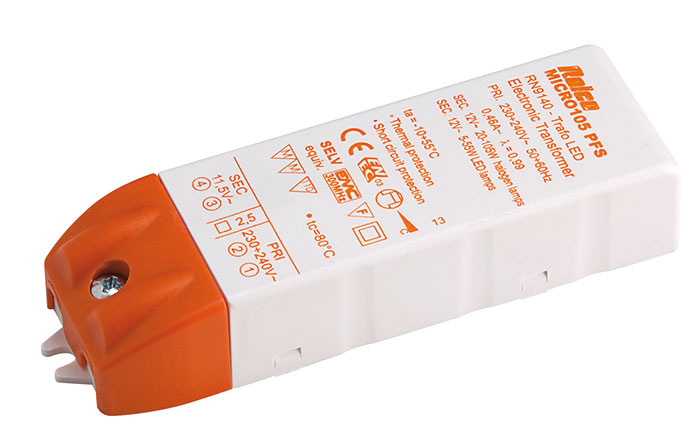 Relco Micro LED Trafo 60 PFS 12V AC für LED 3-55W und Halogen 5-60W, DIMMBAR Moderner Hybrid Multi Trafo für LED und Halogenlampen Für Dimmer mit PhasenANschnitt bzw. PhasenABschnitt (TRIA