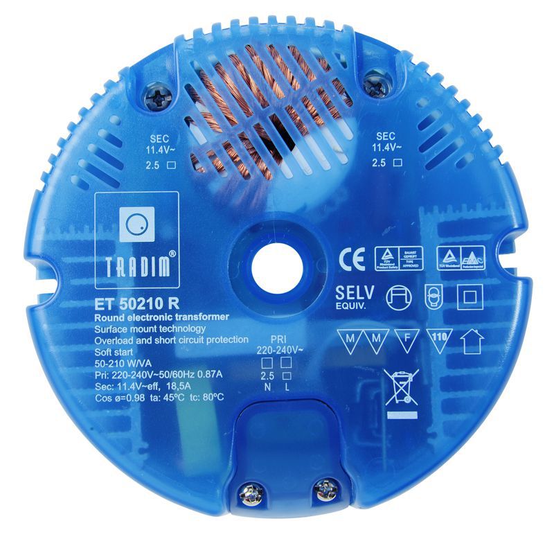 Halogen Transformator 50-210W 12V AC mit Mittelloch Ø10,8mm Blau Runder elektronischer Transformator Dimmbar mit Phasen ANschnitt- und ABschnittdimmer Große Anschlussklemmen mit 2,5qmm Halogen Transformator 50-210W 12V AC mit Mittelloch Ø10,8mm Blau Runder elektronischer Transformator Dimmbar mit Phasen ANschnitt- und ABschnittdimmer Große Anschlussklemmen mit 2,5qmm