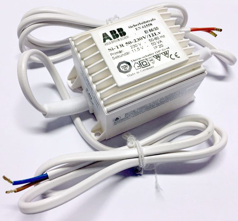 ABB Sicherheits Blocktrafo Si-TR20-230/12Lv elektro-magnetisch voll vergossen mit 100cm beidseitigem Kabel Dimmbar Nachfolger ist Art. Nr: 000097 Für Retrofit-LED Lampen und Haloge