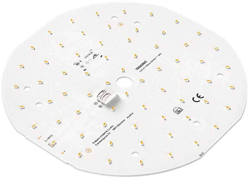 LED Modul CLE 18W 160mm 3000lm 827 ADV5 Lichtstrom: 2120lm bis 3560lm Leistung: 18W 350 - 600mA bestrombar Moduleffizienz bis zu 175lm/W Farbtemperatur: warmweiss / 2.700K 