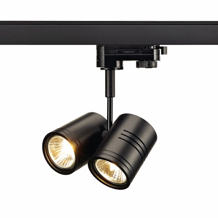 Schienenstrahler BIMA2 mit Doppelkopf für 2x 230V GU10 LED Lampen oder max. 50W Halogenlampen, mit 3 Phasen Stromschienenadapter Gehäuse: Schwarz Dreh- und schwenkbarer Leuchtenkopf  Schienenstrahler BIMA2 mit Doppelkopf für 2x 230V GU10 LED Lampen oder max. 50W Halogenlampen, mit 3 Phasen Stromschienenadapter Gehäuse: Schwarz Dreh- und schwenkbarer Leuchtenkopf