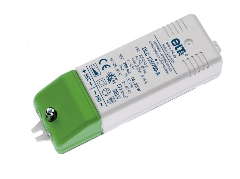 DLC 125/350-A LED Trafo Konstantstrom 350mA 25W LxBxH: 115x38x29mm (131mm mit Befestigunslaschen) Konstanter Ausgangsstrom: 350mA Mit Zugentlastung dimmbar mit PhasenAN und ABschni