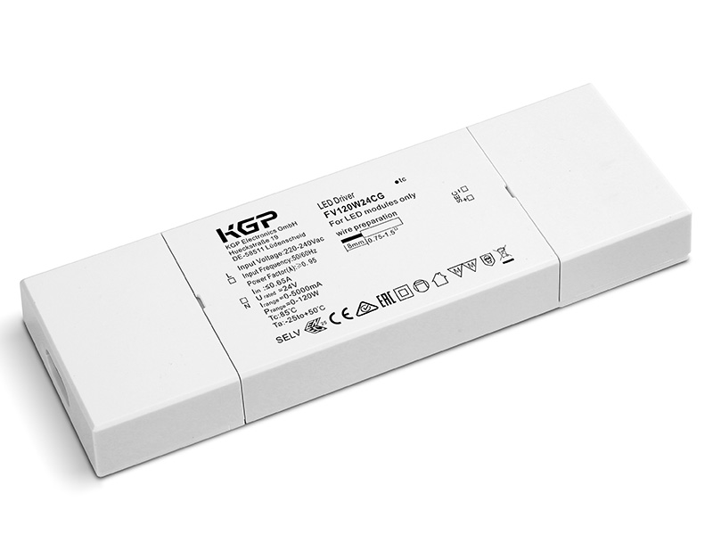 FV 120W 24 CG 1-10 LED Konstantspannungstreiber 24V DC / 120W, 1-10V dimmbar, Flach Leistung: 120W Ausgangsspannung: 24V DC Dimmbar 1-10V Abmessungen= LxBxH: 190x65x22mm Netz