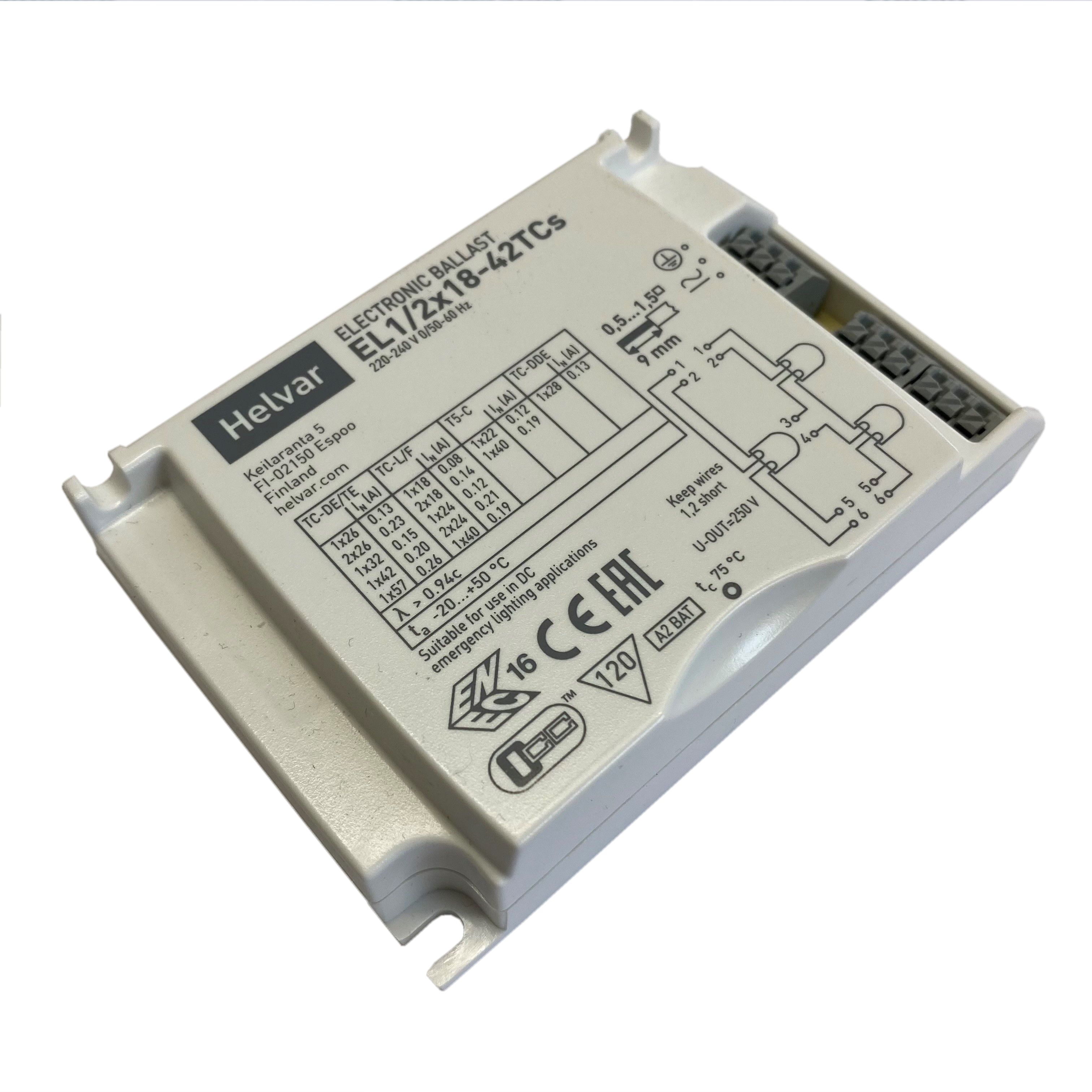 Helvar EL1/2x18-42TCs EVG für Kompakt Leuchtstofflampen TC-L (1 o. 2x18W u. 24W / 1x36W u. 40W) TC-F (1x 18W / 24W u. 36W) TC-DD E (1x 21W / 28W) T5c (1x 22W und 40W) TC-DE (1  Helvar EL1/2x18-42TCs EVG für Kompakt Leuchtstofflampen TC-L (1 o. 2x18W u. 24W / 1x36W u. 40W) TC-F (1x 18W / 24W u. 36W) TC-DD E (1x 21W / 28W) T5c (1x 22W und 40W) TC-DE (1