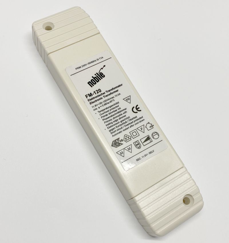 FM120 Nobilé elektronischer Trafo 12V - 120VA Mit Schraubklemmen an beiden Seiten dimmbar mit PhasenABschnittdimmer, Superflach nur 19mm, MM, F und ENEC Prüfzeichen Art. Nr.: 699150733 FM120 Nobilé elektronischer Trafo 12V - 120VA Mit Schraubklemmen an beiden Seiten dimmbar mit PhasenABschnittdimmer, Superflach nur 19mm, MM, F und ENEC Prüfzeichen Art. Nr.: 699150733
