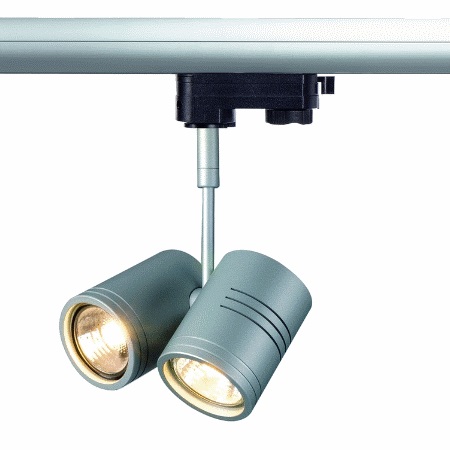 Schienenstrahler BIMA2 mit Doppelkopf für 2x 230V GU10 LED Lampen oder max. 50W Halogenlampen, mit 3 Phasen Stromschienenadapter Gehäuse: Silbergrau Dreh- und schwenkbarer Leuchtenkopf  Schienenstrahler BIMA2 mit Doppelkopf für 2x 230V GU10 LED Lampen oder max. 50W Halogenlampen, mit 3 Phasen Stromschienenadapter Gehäuse: Silbergrau Dreh- und schwenkbarer Leuchtenkopf