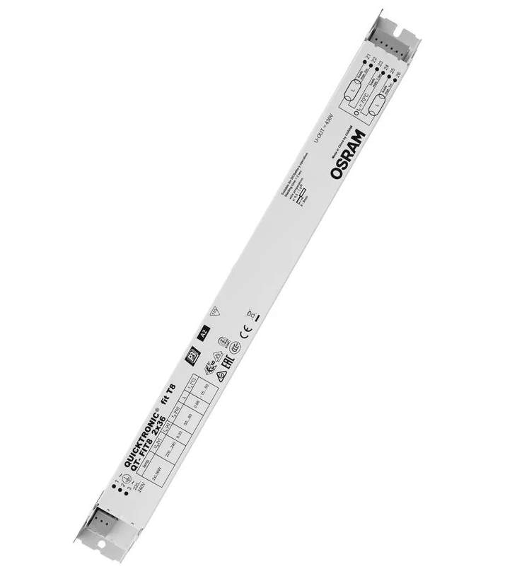 QT-FIT8 2x36W/220-240V Osram Quicktronic EVG für 2x 36W T8 Leuchtstoffröhren (Ø26mm) 220-240V 50/60Hz Geeignet für Notbeleuchtung (DC-Betrieb) 185…264V DC LxBxH: 60x30x28mm Per