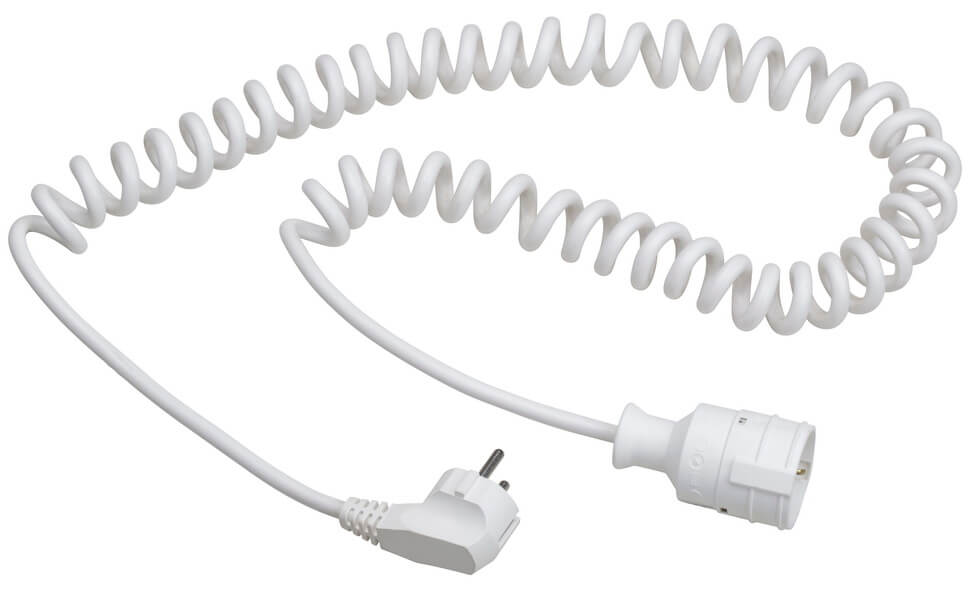 PVC-Spiral-Verlängerungen 230V weiß H05VV-F 3G1,5 Angespritzter Schutzkontaktstecker 230V,16A und Schutzkontaktkupplung Grundlänge ca. 1m Dehnbar bis 2,5m Schutzklasse: IP20  PVC-Spiral-Verlängerungen 230V weiß H05VV-F 3G1,5 Angespritzter Schutzkontaktstecker 230V,16A und Schutzkontaktkupplung Grundlänge ca. 1m Dehnbar bis 2,5m Schutzklasse: IP20