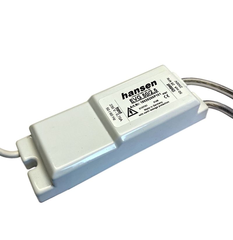 Neon EVG 40/3 3000V~/40mA Fabrikat Hansen für Hochspannungsleuchtstoffröhren NEON Sekundär: max. 3000V~/40mA Konstantstrom Primär: 230V~(+/-5%) 50-60Hz, 0,2A Gehäuse aus PVC weiss 