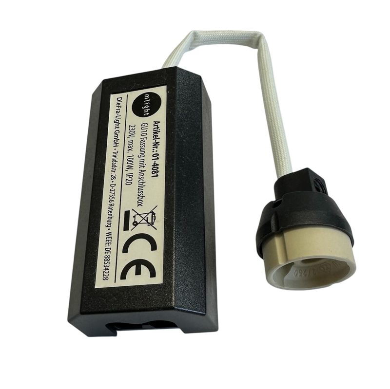 GU10 Fassung mit Anschlussbox mit 160mm Anschlußkabel, 250V, max. 100W, IP20, Anschlussklemmen durchverdrahtbar