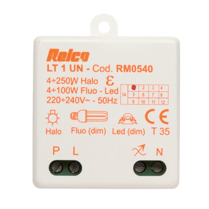 Universeller LED-Einbaudimmer LT 1 UN Leistung (W): HALO 4-250W; LED-Fluo 4-100W Einbau in Anschlussdosen Ohne eingebaute Kontrollleuchte Anschluss mit Klemmleiste max. 5 Gerät