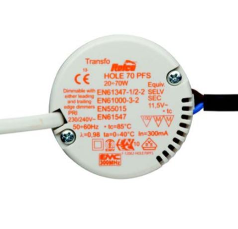 HOLE 105 PFS Relco Mini Trafo 35-105W, rund, mit Anschlusskabel 230V auf 12V AC Dimmbar mit Phasen AN und ABschnittdimmern Mit Temperaturwächer Mit primär und Sekundär Anschlußkabe HOLE 105 PFS Relco Mini Trafo 35-105W, rund, mit Anschlusskabel 230V auf 12V AC Dimmbar mit Phasen AN und ABschnittdimmern Mit Temperaturwächer Mit primär und Sekundär Anschlußkabe
