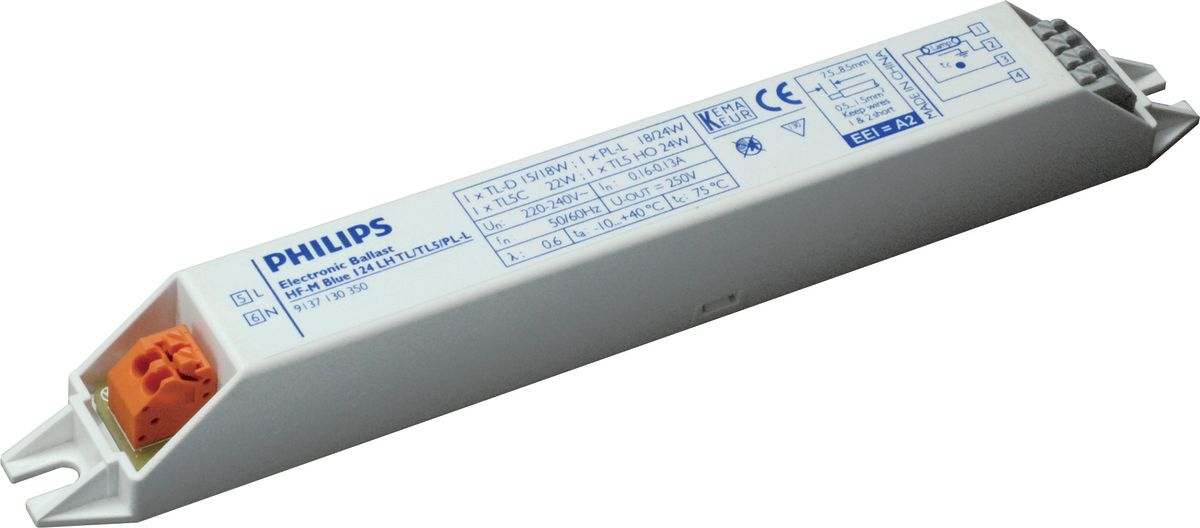 HF-M BLUE 124 LH TL/TL5/PL-L 230-240V Philips EVG für 1x15W und 1x18W T8 G13, 1x 18W und 1x24W TC-L 2G11, 1x24W T5 G5 Betriebsspannung: 220 - 240V AC Abmessung: 187x22x22mm 
