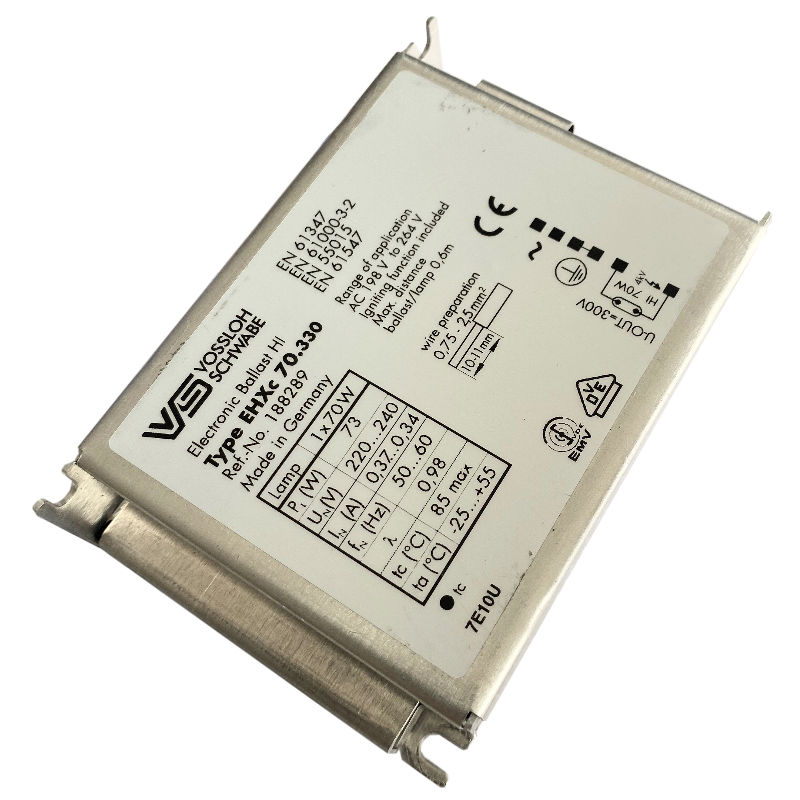 EHXc 70.330 EVG für Metalldampflampen 1x70W ohne Zugentlastung, Blechgehäuse für Leuchteneinbau Leistung: 70W; 50/60Hz Hersteller: Vossloh-Schwabe Abmessungen: 104x67x32mm Auslaufa