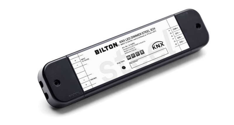Bilton KNX Dimmer STEEL 1-4 Kanal für LED Module 1-4 Kanäle mit 50W pro Kanal bei 24V DC Versorgungsspannung 0-150W bei 24V DC Schutzart IP20 Leitungsquerschnitt von 0,75-2,
