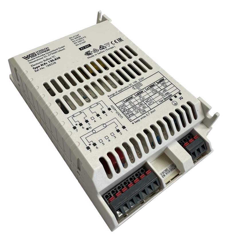 ELXc 120.838 EVG für 1x oder 2x PL-H Lampen 60W, 85W und 120W Sockel 2G8-1 Für PL-H Lampen 1x60W 2x60W 1x85W und 1x120W Gleichspannungsbetrieb: Für den Betrieb: 176–264V DC Für die