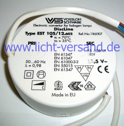 EST 105/12.602 Vossloh-Schwabe Elektronischer Trafo DiscLINE RUND 105W, 230V auf 12V,  beidseitig mit Kabel, sec. 10cm und prim. 15cm