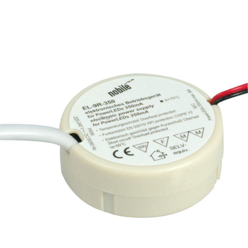 EL-9R-350 LED Konstantstromtreiber 9W 350 mA ØxH: 48x18mm Anschluss primär: 15 cm mit offenen Leitungsenden (2x0,75 mm³) Anschluss sekundär: 15cm Anschlussleitung AMP-Stecksystem 2-pol