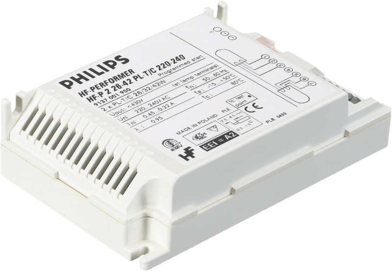 HF-P 2 22-42 PL-T/C/L/TLT5V EII elektronisches Vorschaltgerät (EVG) 2x18W und 2x24W TC-L, 2x24W TC-F, 2x26W TC-TEL, 2x26W TC-DEL.1x32W TC-TEL; 2x22W und 2x40W T5C; 1x42W TC-TEL;
