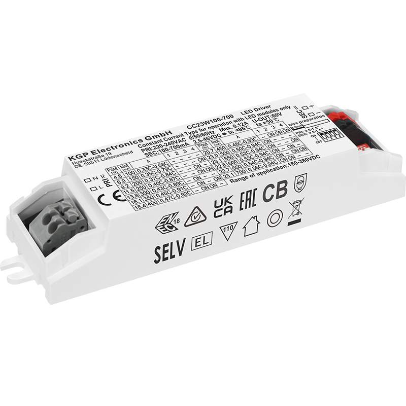 CC23W100-700 LED Konstantstrom Konverter 100-700mA 2,5-46V DC Vorwärtsspannung 2,5-46V DC Maße: 103x30x21mm Lebensdauer von 50.000h Schutzart IP20 Überlast-, Kurzschluss-, und