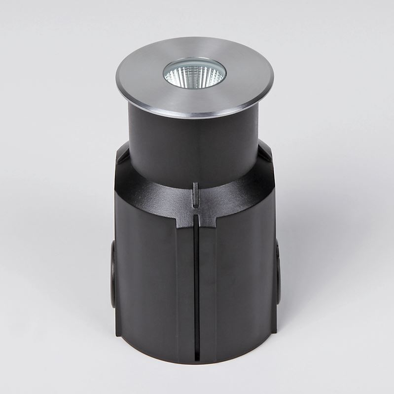 Bodeneinbauleuchte Inground COB5 R Mono 5W 830 LED aus Edelstahl 316 mit 30° Abstrahlwinkel und IP67 für den Außeneinsatz inkl. PVC Einbautopf Lebensdauer 50.000h Belastbar bis 0,75t 