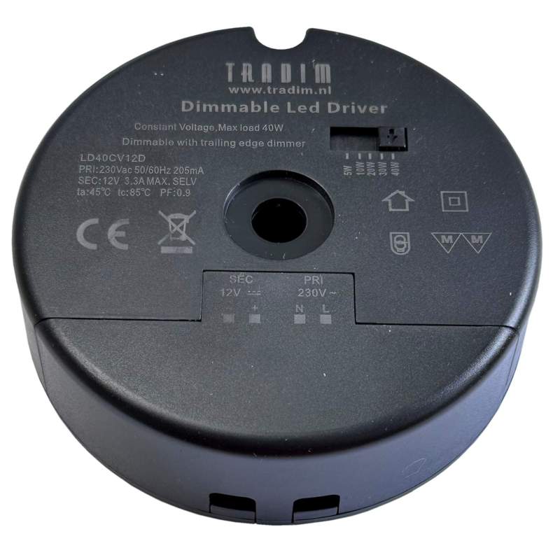 LED / Halogen Transformator 40W 12V DC, Ø103,5x30mm mit Mittelloch Ø10,8mm, IP20