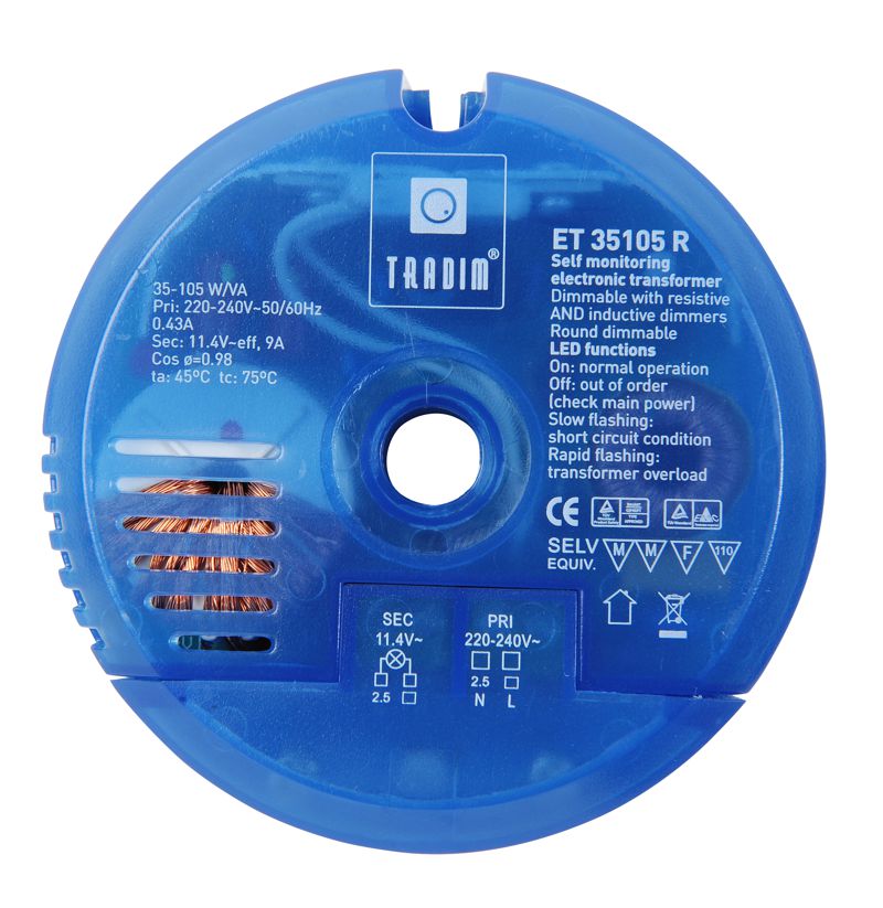LED/Halogen Transformator 35-105W 12V AC, mit Mittelloch Ø10,8mm Blau