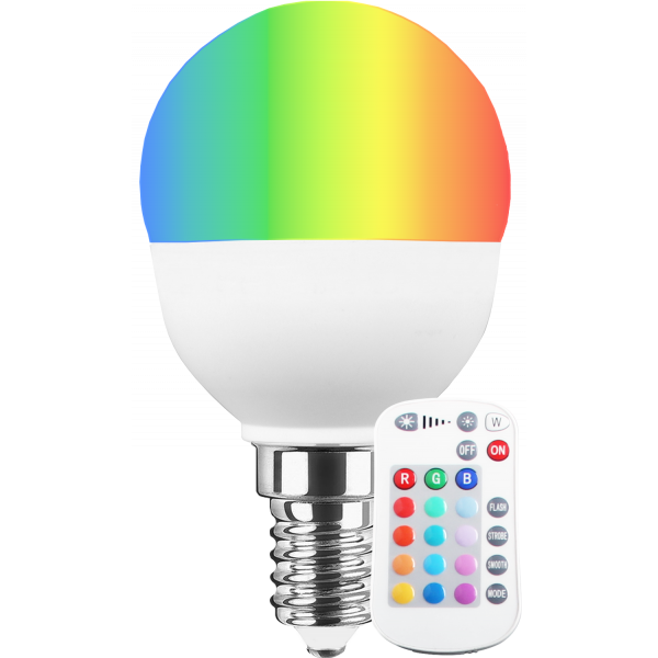 LED SMD Lampe MiniGlobe E14 5,5W 470lm RGB+warmweiß  LED SMD Lampe MiniGlobe E14 5,5W 470lm RGB+warmweiß