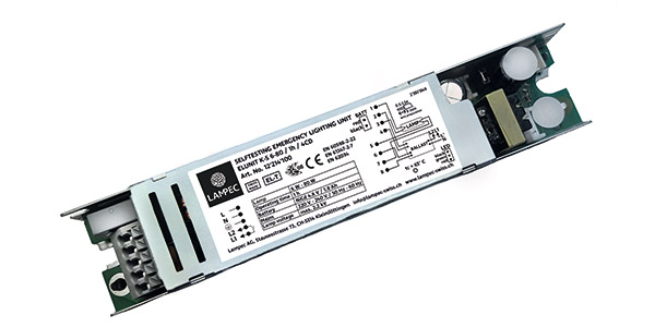 Notlicht Betriebsgerät für Leuchtstoffröhren und Kompaktlampen von 6-80W. LxBxH: 150x30x22mm Optische Statusanzeige mit zweifarbiger LED Selbsttestfunktion gemäss IEC 62034 5-Pol-Techn