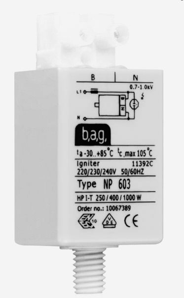 Zündgerät b,a,g, NP 603 für HPI-T Lampen 250W - 1000W mit 0,7kV - 1,0kV Zündspannung. 220-240V 50/60Hz