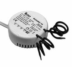 Elektronischer RUND Trafo - TC ROUND 105, 20-105W, 230V auf 12V, mit primär und Sekundär 20cm Anschlußkabel kleine Abmessungen Ø70x22mm dimmbar mit Phasen AN- und ABschnittdimmerMM; F; VDE