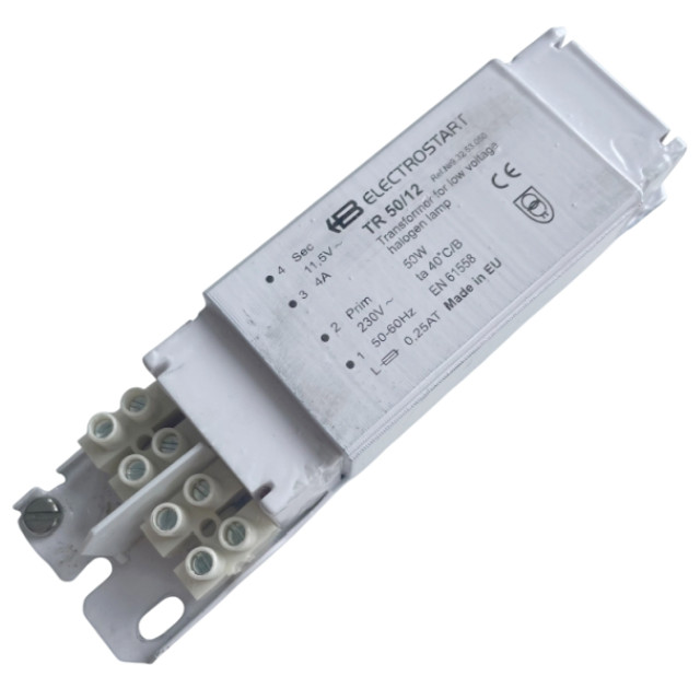 TR 50/12 50W 230V / 12V 50Hz elektro-magnetischer (konventioneller) Sicherheitstrafo für Halogenlampen (und LEDs) DIMMBAR LxBxH: 155x41x32mm Schutzklasse I Vakkumimpregniert Anschl