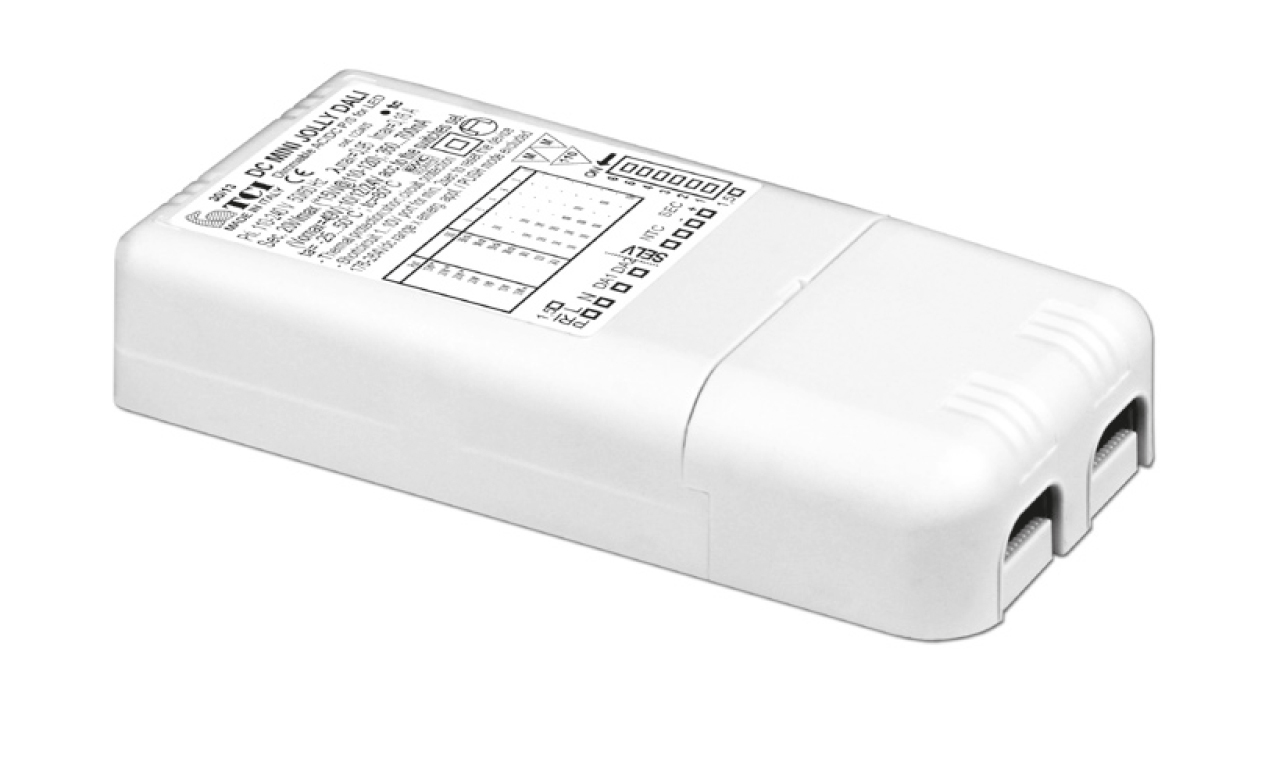 DC MINI JOLLY DALI 20W 250mA - 700mA LED Trafo von TCI Konstantstrom einstellbar über DIP-Schalter DALI Dimmung mit Memory-Funktion Möbeleinbau möglich (MM-Zeichen) Überlast