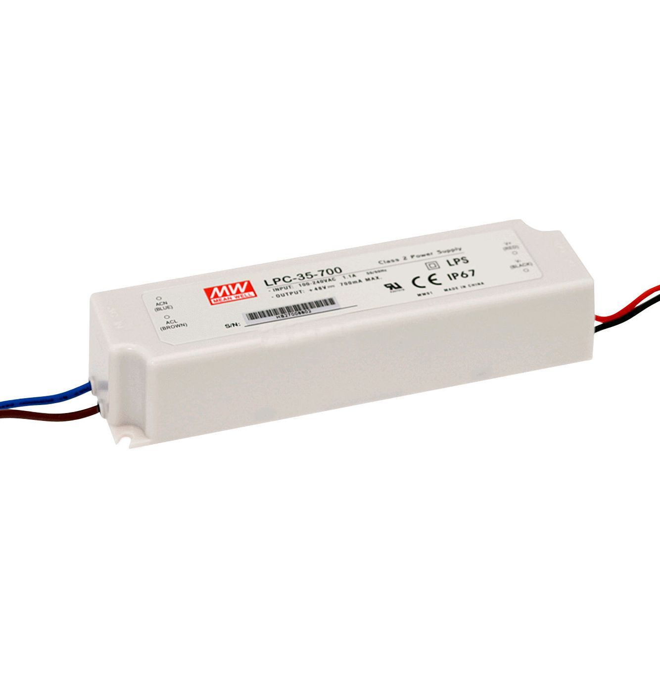 LPC-35-700 LED Konverter 35W 700mA 9-48V DC, nicht dimmbar, IP67, 90...264V AC 127-370V DC Konstantstromkonverter Schutzart IP67 für den Innen- und Außeneinsatz geeignet 127-370V D
