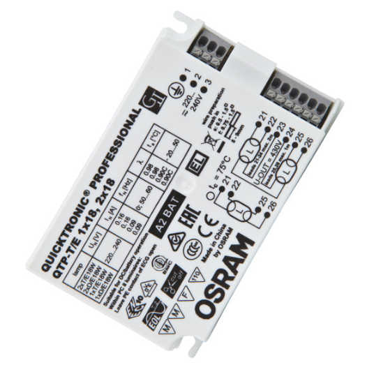 QTP-T/E 1x18W 230-240V elektronisches Vorschaltgerät EVG 1x 18W T/E und D/E LxBxH: 103x67x31mm 220-240V, 198-264V AC, 176…276V DC Betrieb an Notlichtanlagen möglich Auslaufarti