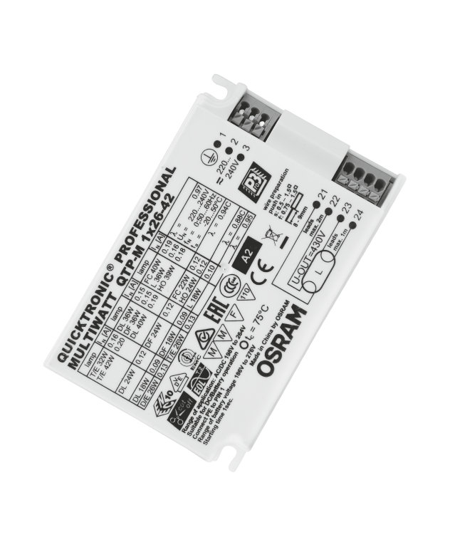 QTP-M 1x26...42 /220-240 S elektronisches Vorschaltgerät EVG für 1 Lampe 1x 22W T91x 22W + 1x 40W T5-R; 2x 22W T5-R 1x 26W TC-DEL 1x 18W, 1x 24W, 1x 36W TC-F 1x 18W; 1x 24W; 1x