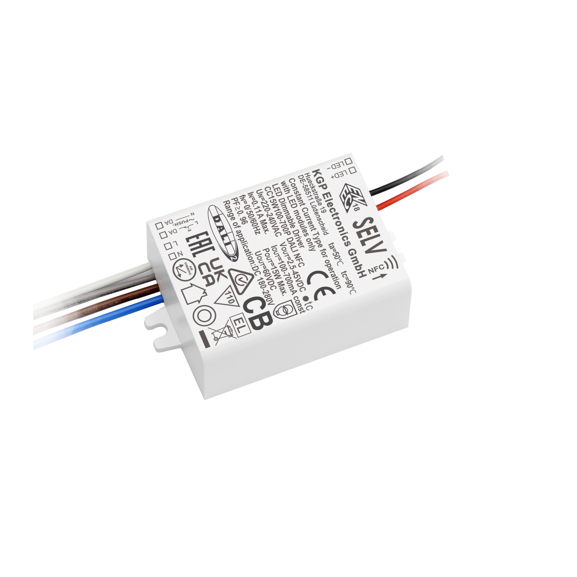 CC15W100-700P DALI NFC LED Konstantstrom Konverter 100-700mA 2,5-46V DC Vorwärtsspannung 2,5-45V DC Ausgangsstrom einstellbar via NFC (kostenlose App zu Strom einstellen in den Appstores -
